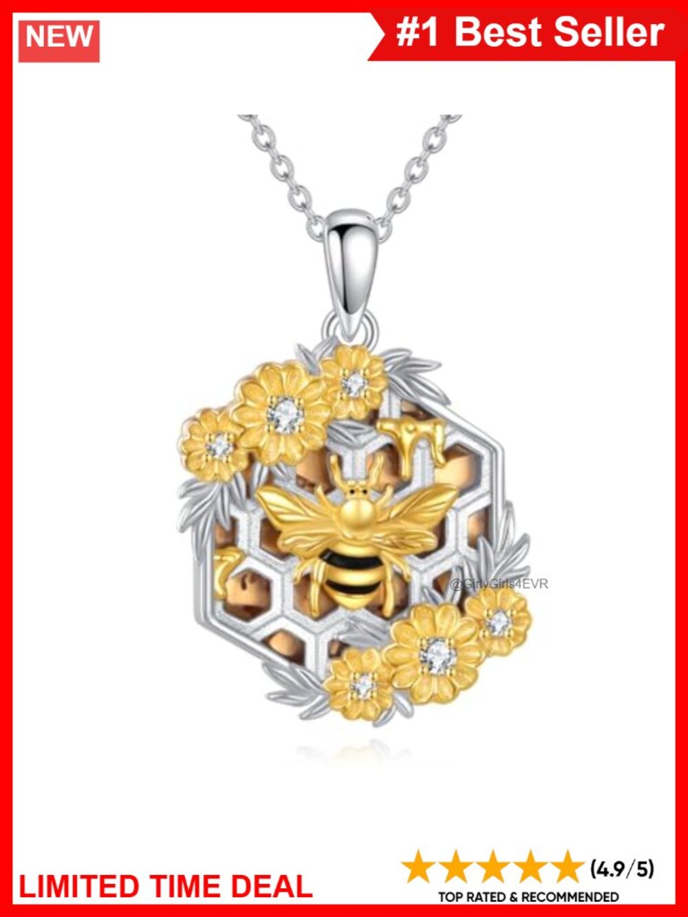 925 Sterling Silver Bee Sunflower Pendant Necklace Lab Diamond Amber 18+2"